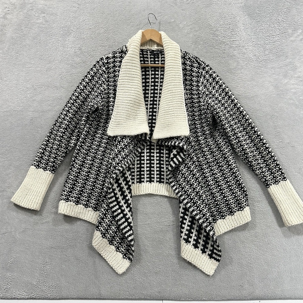 Apt.9 Open Front Cardigan Sweater Long Sleeve Women L Black White Minimal Winter